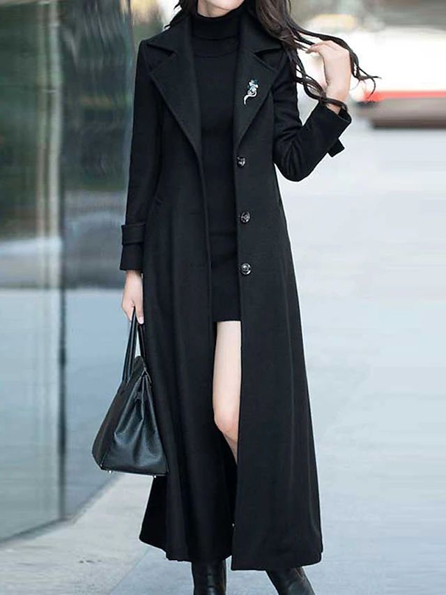 Women's Longline Single-Breasted Coat with Notch Collar