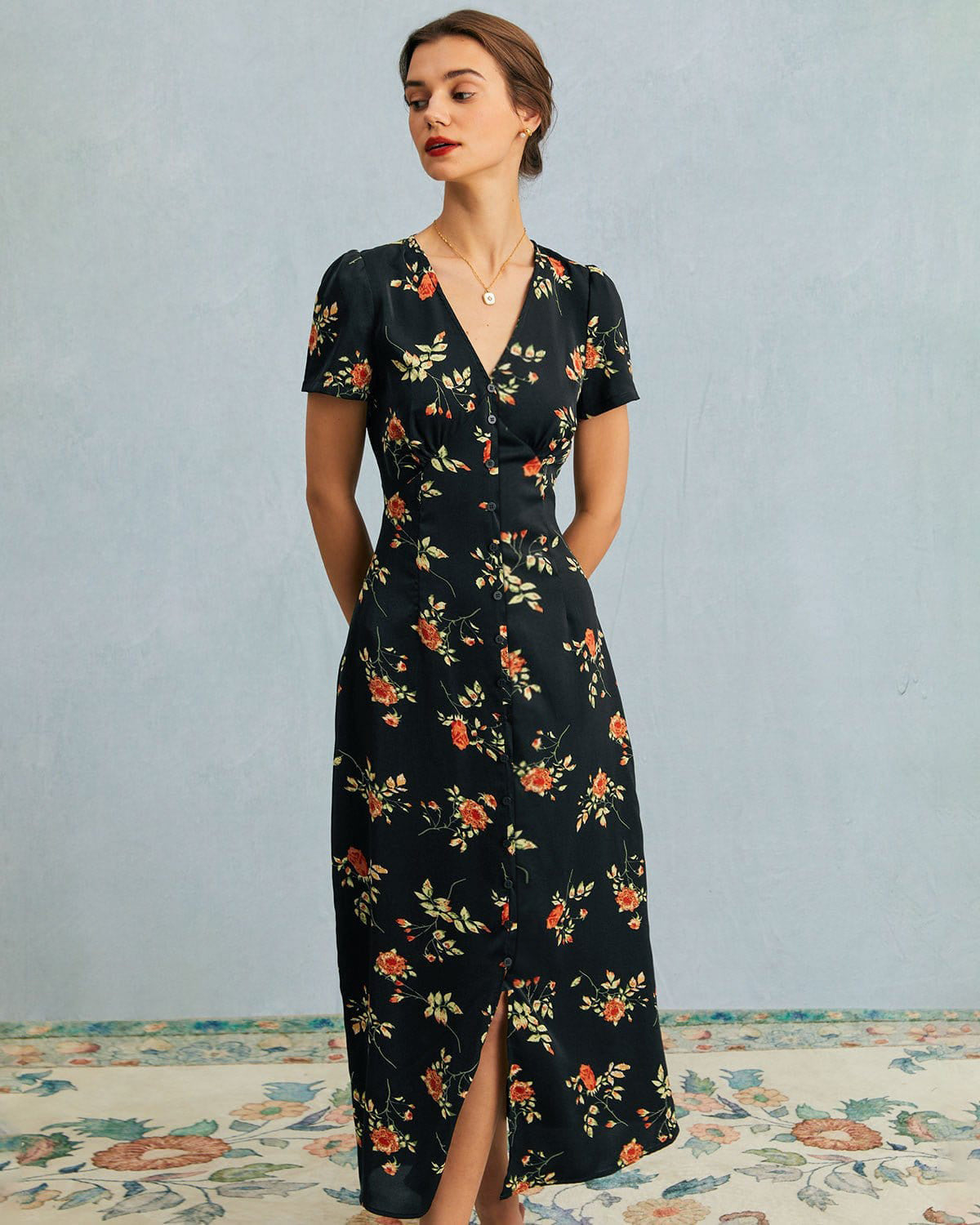 Women¡¯s Maxi Dress with Button-Down Front and Vintage Floral Print