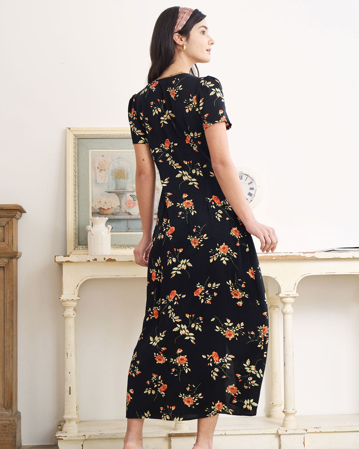Women¡¯s Maxi Dress with Button-Down Front and Vintage Floral Print