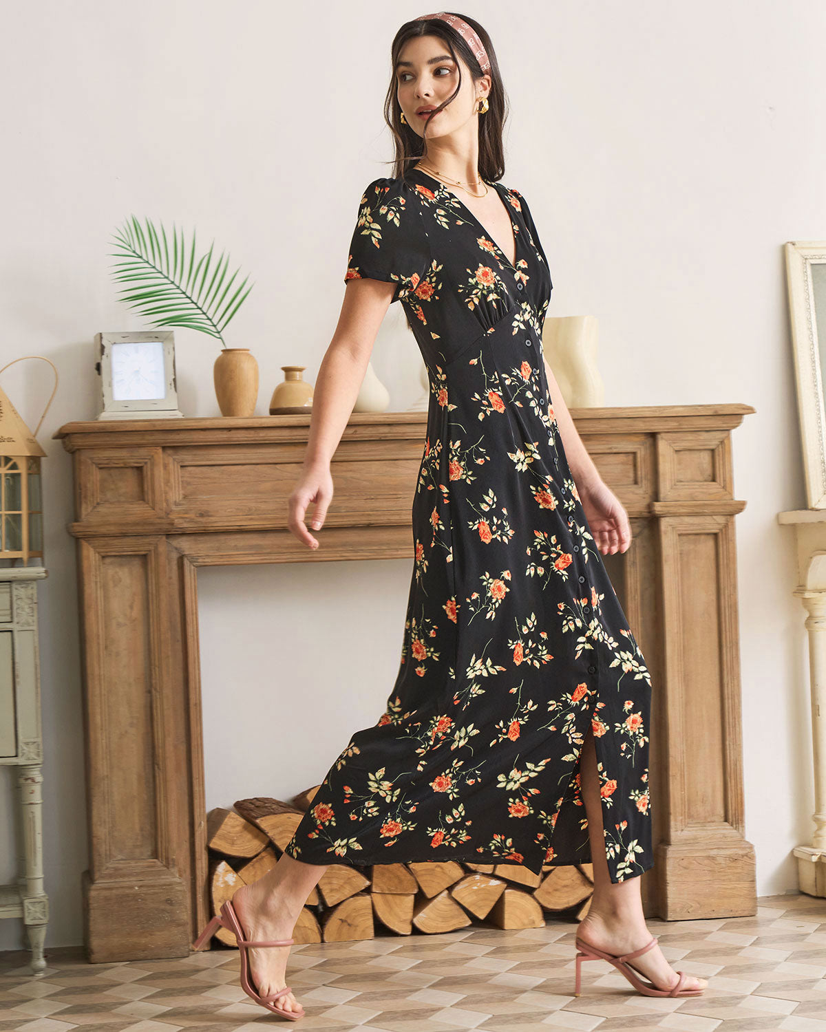 Women¡¯s Maxi Dress with Button-Down Front and Vintage Floral Print