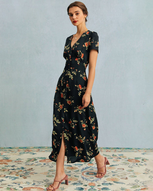 Women¡¯s Maxi Dress with Button-Down Front and Vintage Floral Print