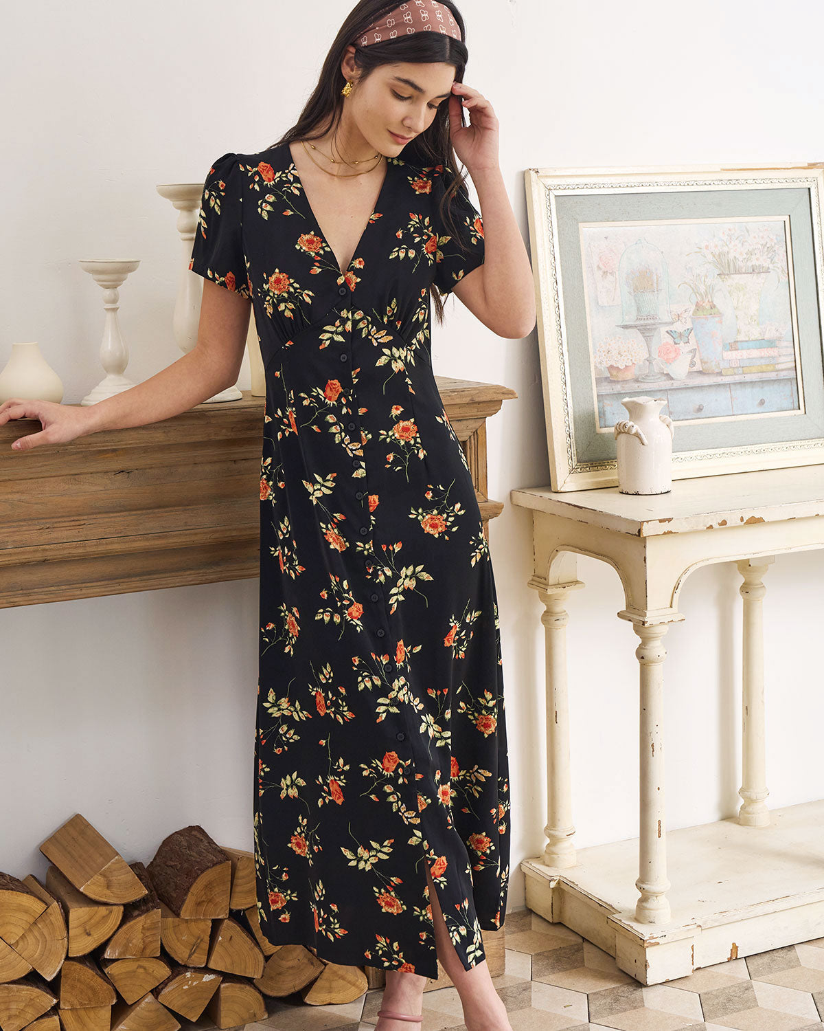 Women¡¯s Maxi Dress with Button-Down Front and Vintage Floral Print