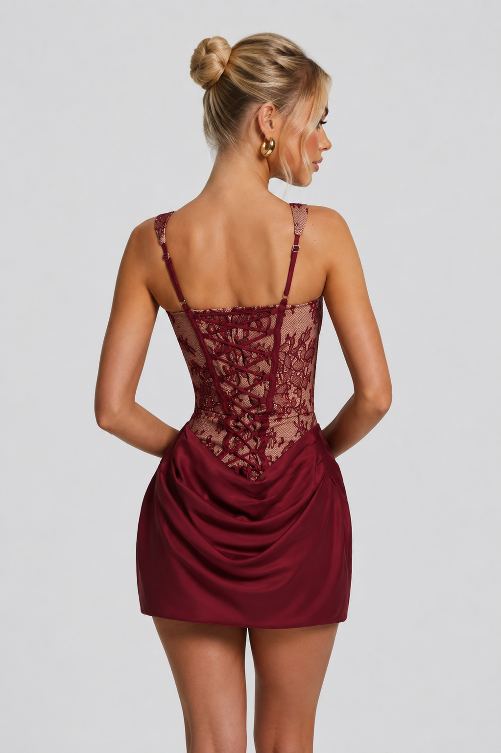 Women's Lace Corset Mini Dress with Draped Satin Skirt for Summer Nights