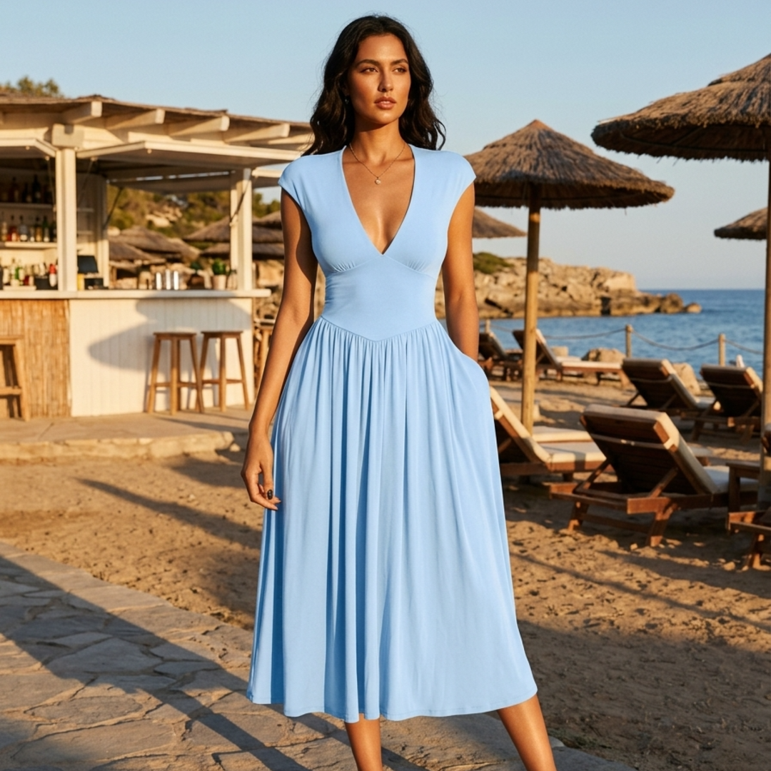 Women’s V Neck Midi Dress with Back Tie Detail and Hidden Pockets
