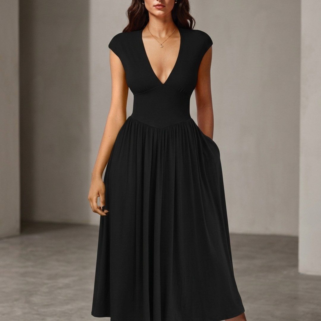 Women’s V Neck Midi Dress with Back Tie Detail and Hidden Pockets