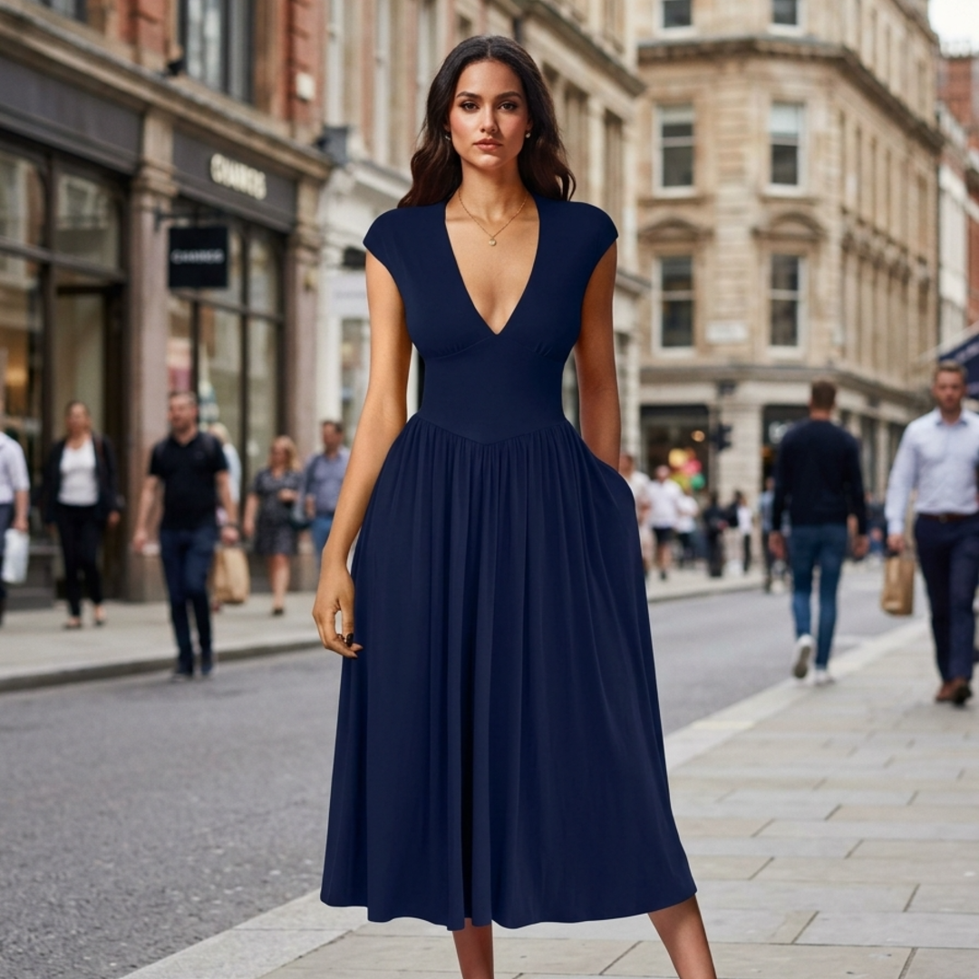 Women’s V Neck Midi Dress with Back Tie Detail and Hidden Pockets