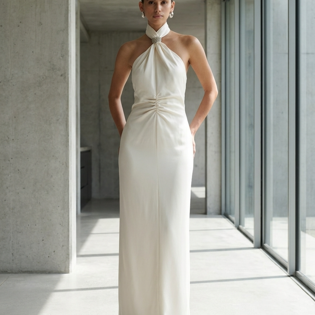 Women’s Backless Halter Maxi Dress with Ruched Bodice and Crystal Detail