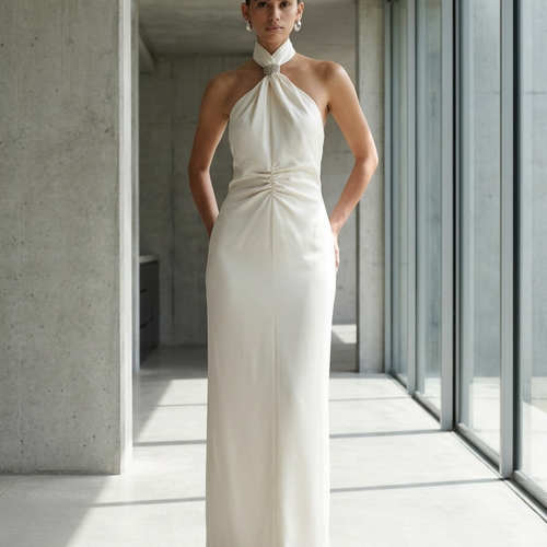 Women’s Backless Halter Maxi Dress with Ruched Bodice and Crystal Detail