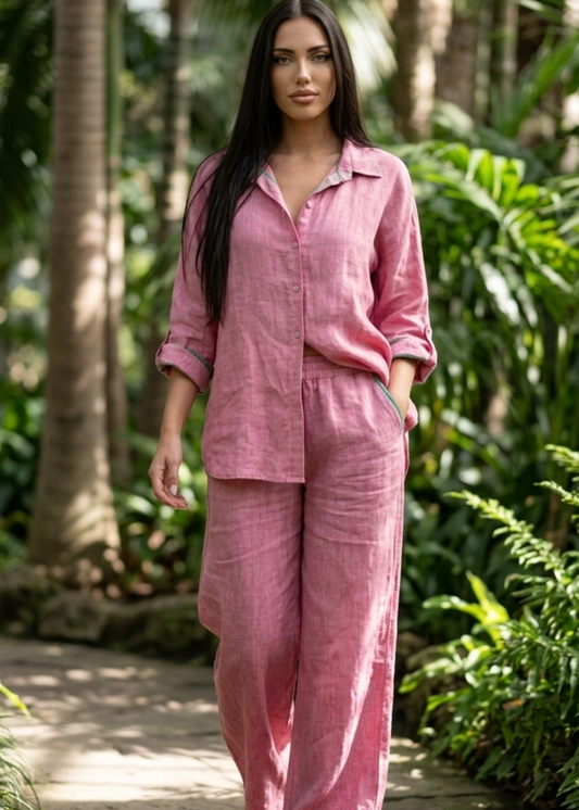 Women's 2-Piece Linen Set with Long Sleeve Button Down Shirt and Wide Leg Pants