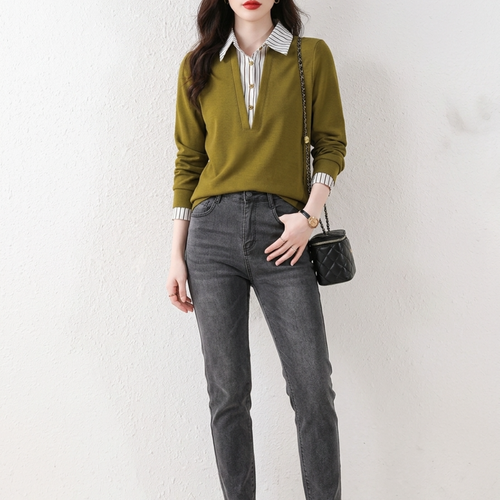 Women’s 2-Piece Look Top with Striped Shirt Collar and V-Neck Pullover