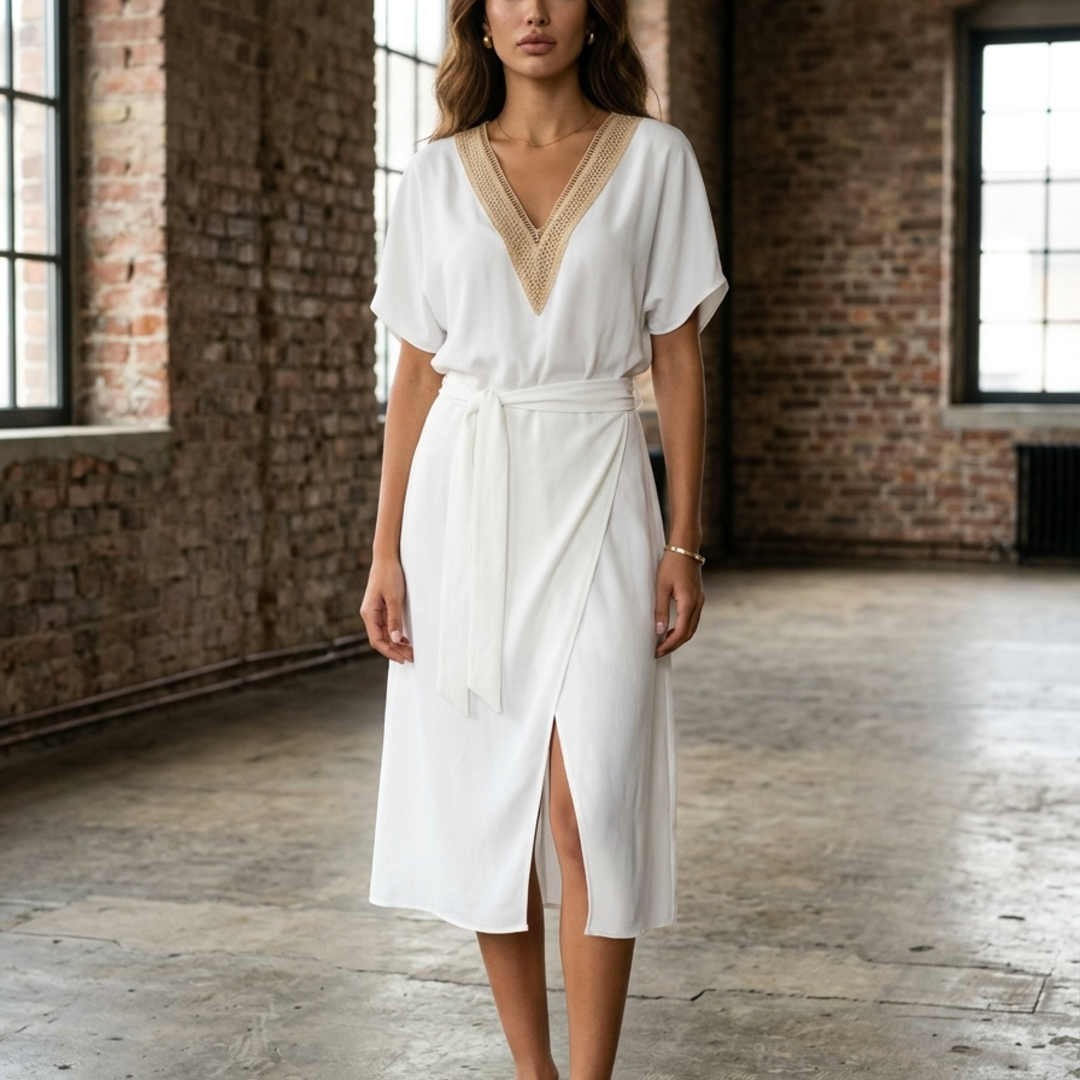 Women’s Midi Dress with Gold Embroidered V-Neck and Asymmetric Wrap Hem