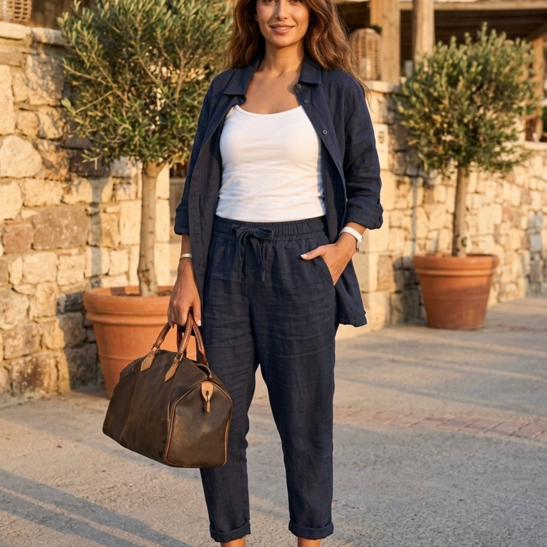 Women’s 2-Piece Linen Set with Long Sleeve Button Down Shirt and Drawstring Pants