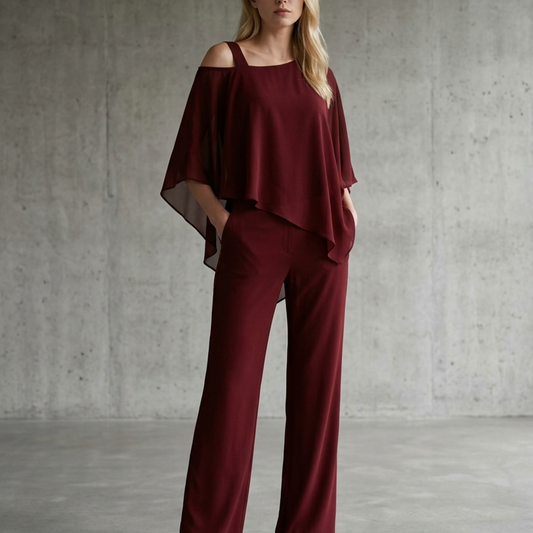 Women’s Wide Leg Jumpsuit with Cold Shoulder and Chiffon Overlay