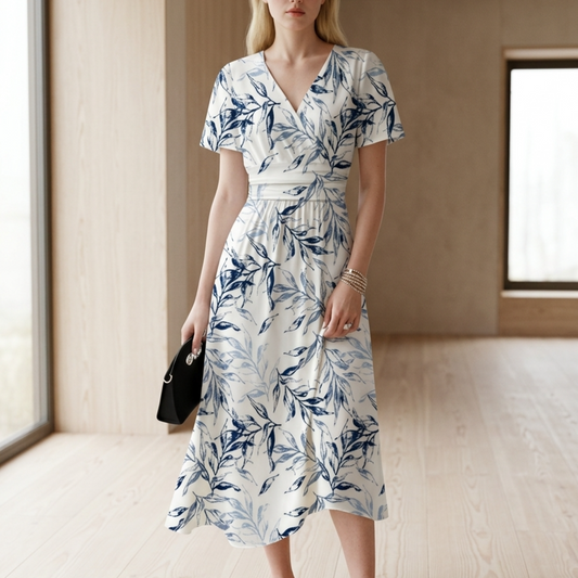 Women’s Midi Wrap Dress with V-Neck and Botanical Leaf Print