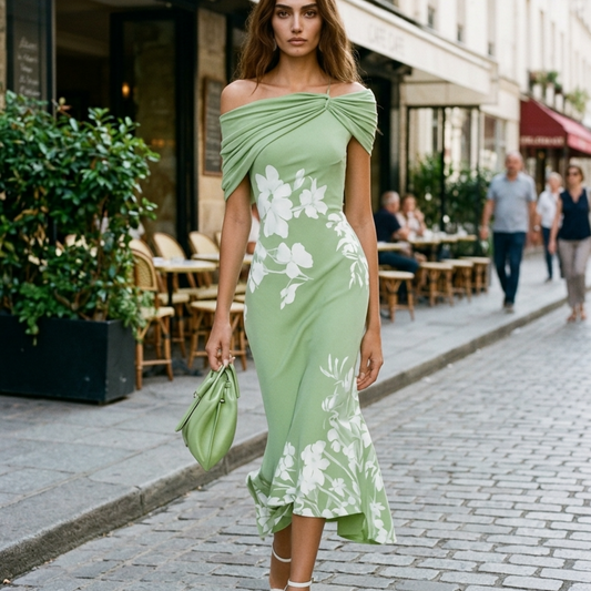 Women’s Midi Dress with Off-Shoulder Draped Bodice and Floral Ruffle Hem