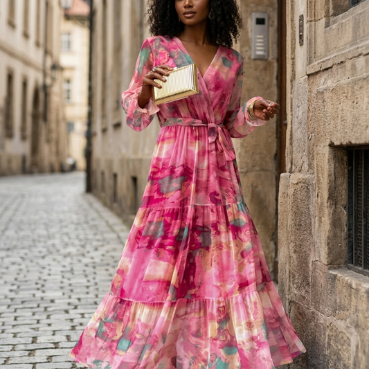 Women’s Tiered Maxi Dress with V-Neckline and Long Balloon Sleeves