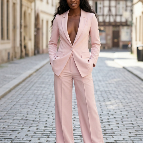 Women's Blazer and Trousers Set with Single-Breasted Jacket and Wide-Leg Pants