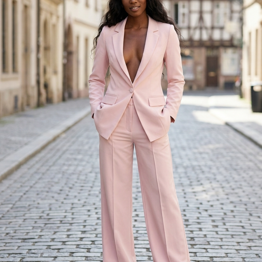 Women's Blazer and Trousers Set with Single-Breasted Jacket and Wide-Leg Pants