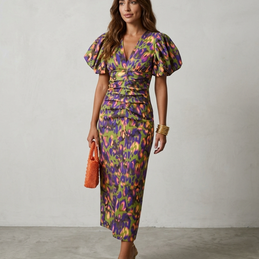 Women’s Midi Dress with Ruched Bodice and Voluminous Puff Sleeves