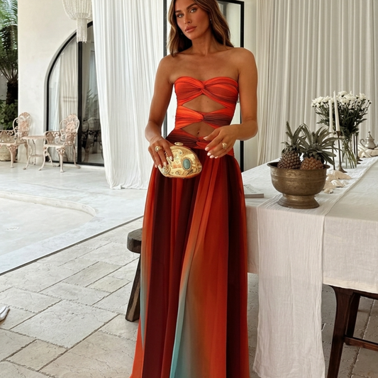 Women’s Maxi Dress with Ombré Chiffon and Strapless Cut-Out Bodice