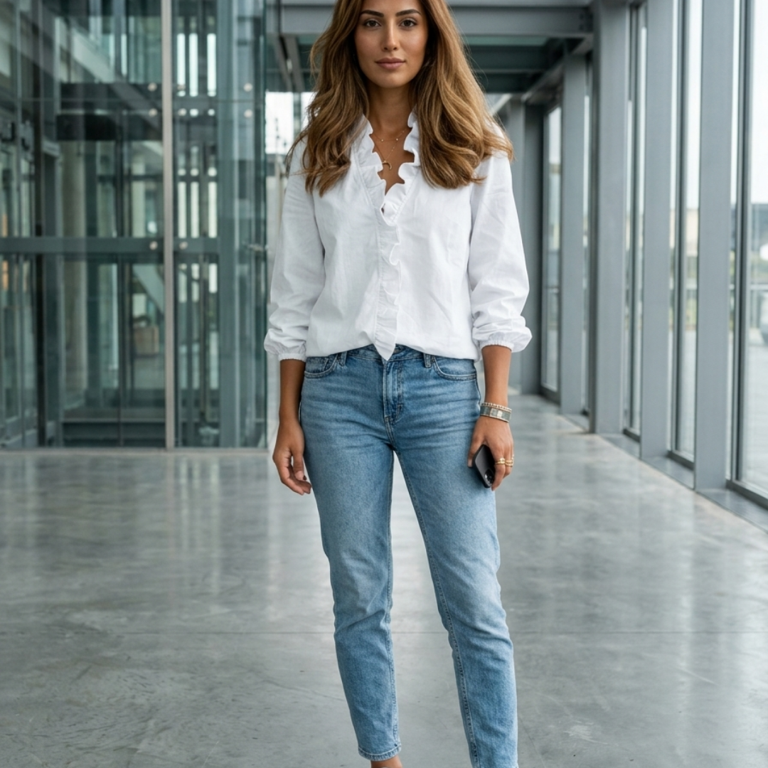 Women’s Blouse with Ruffle Front Trim and Elasticated Lantern Sleeves