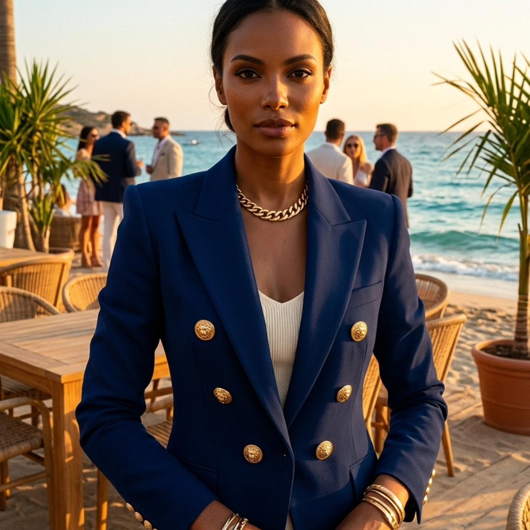Women’s Double-Breasted Blazer with Gold Buttons and Tailored Peak Lapel