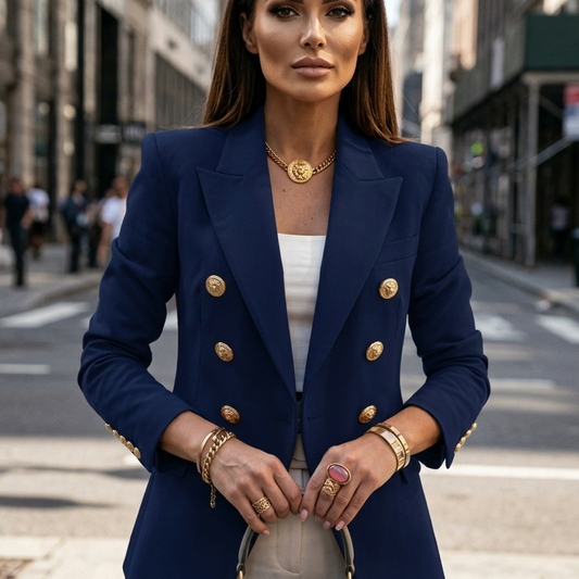 Women’s Double-Breasted Blazer with Gold Buttons and Tailored Peak Lapel
