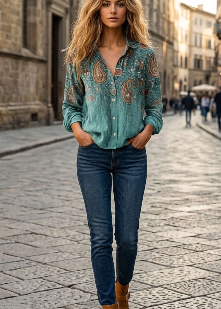 Women’s Button Down Shirt with Vintage Paisley Floral Print and Long Sleeves