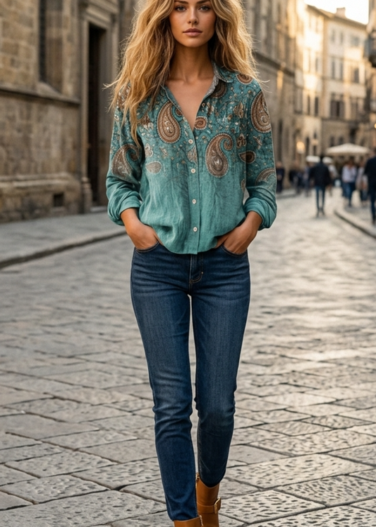 Women’s Button Down Shirt with Vintage Paisley Floral Print and Long Sleeves