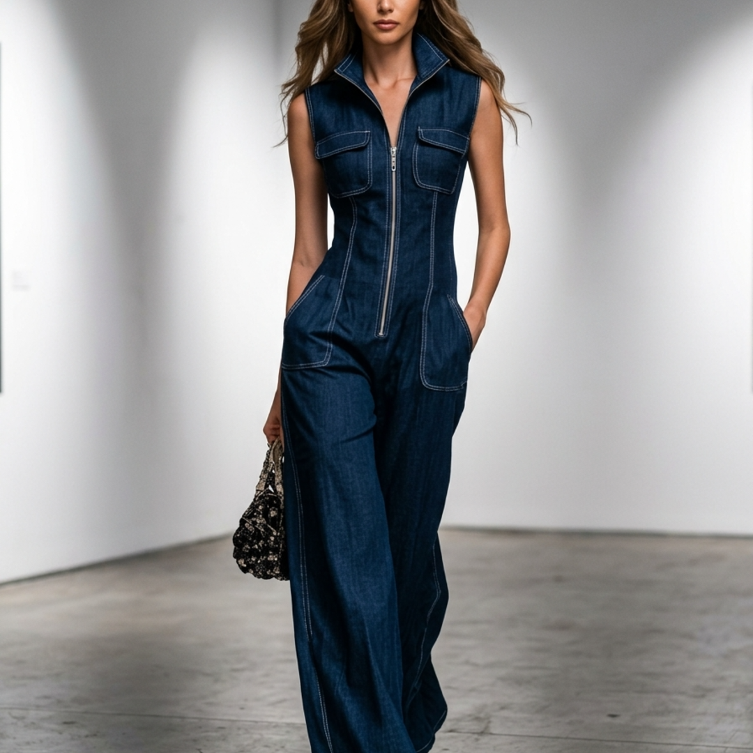 Women’s Denim Jumpsuit with Sleeveless Wide Leg and Front Zipper Closure