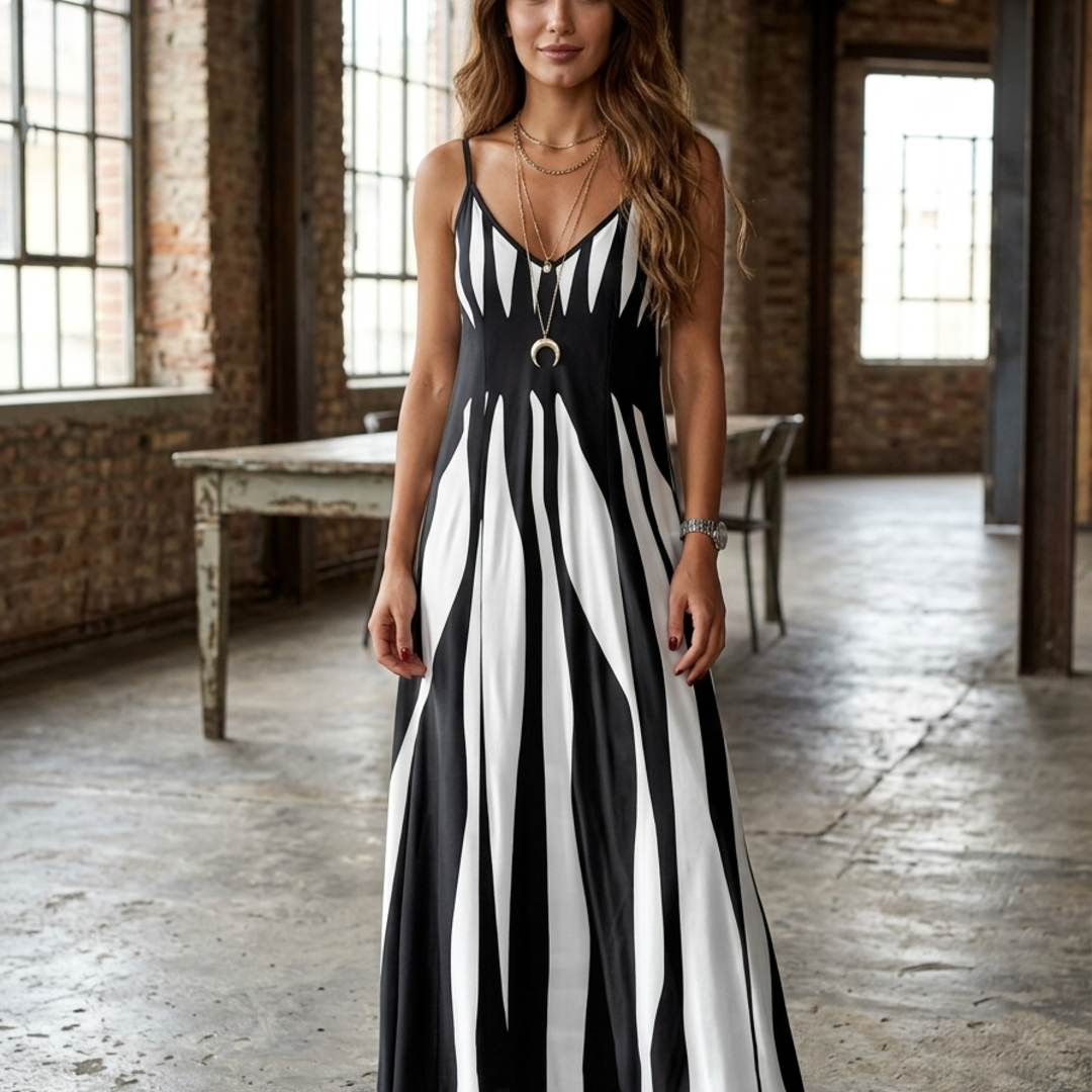 Women’s Maxi Dress with Spaghetti Straps and Contrast Vertical Stripe Print
