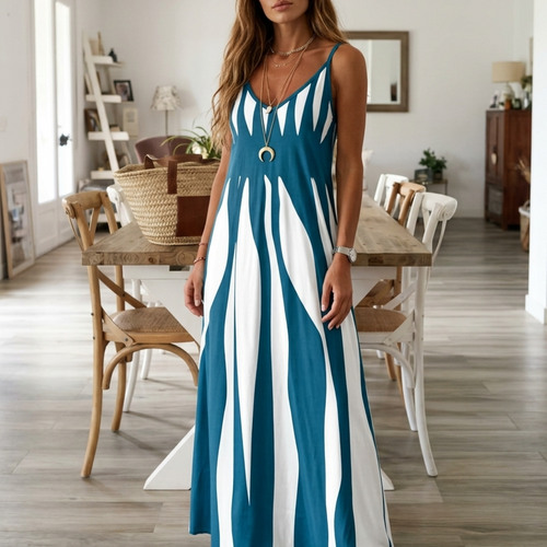 Women’s Maxi Dress with Spaghetti Straps and Contrast Vertical Stripe Print