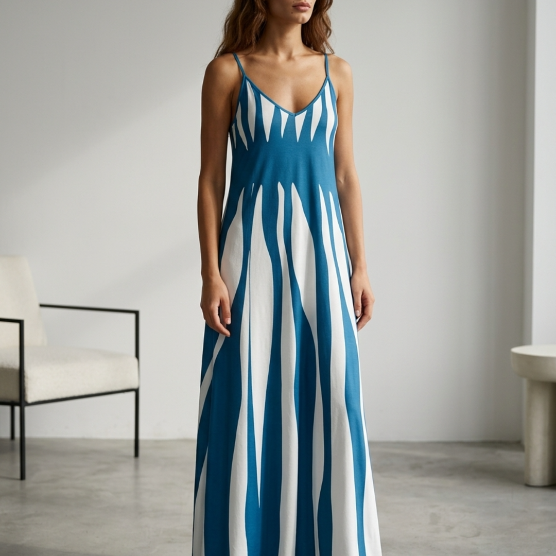 Women’s Maxi Dress with Spaghetti Straps and Contrast Vertical Stripe Print