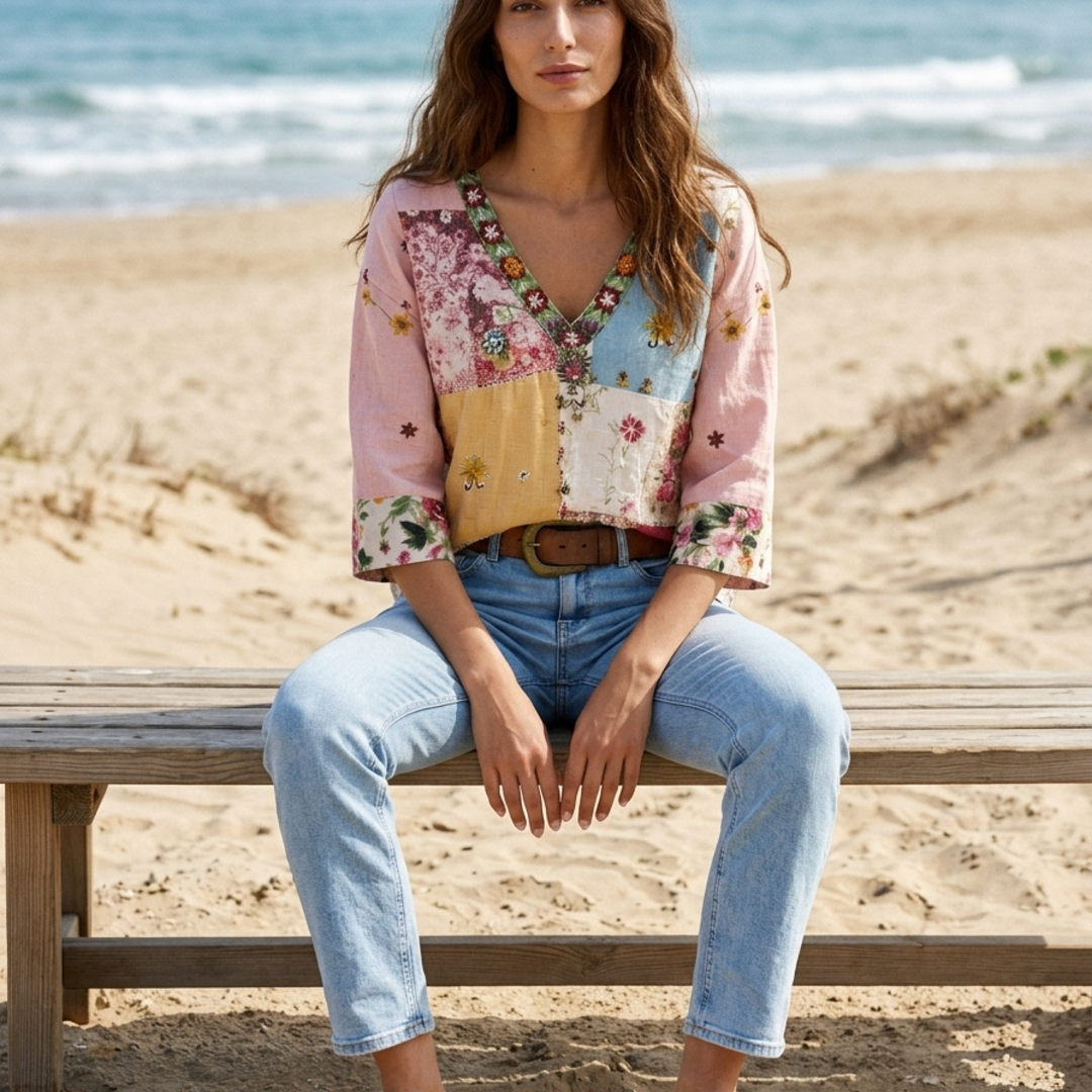Women’s Blouse with V-Neckline and Artisanal Patchwork Floral Print
