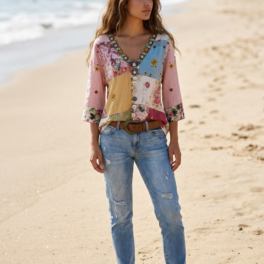 Women’s Blouse with V-Neckline and Artisanal Patchwork Floral Print