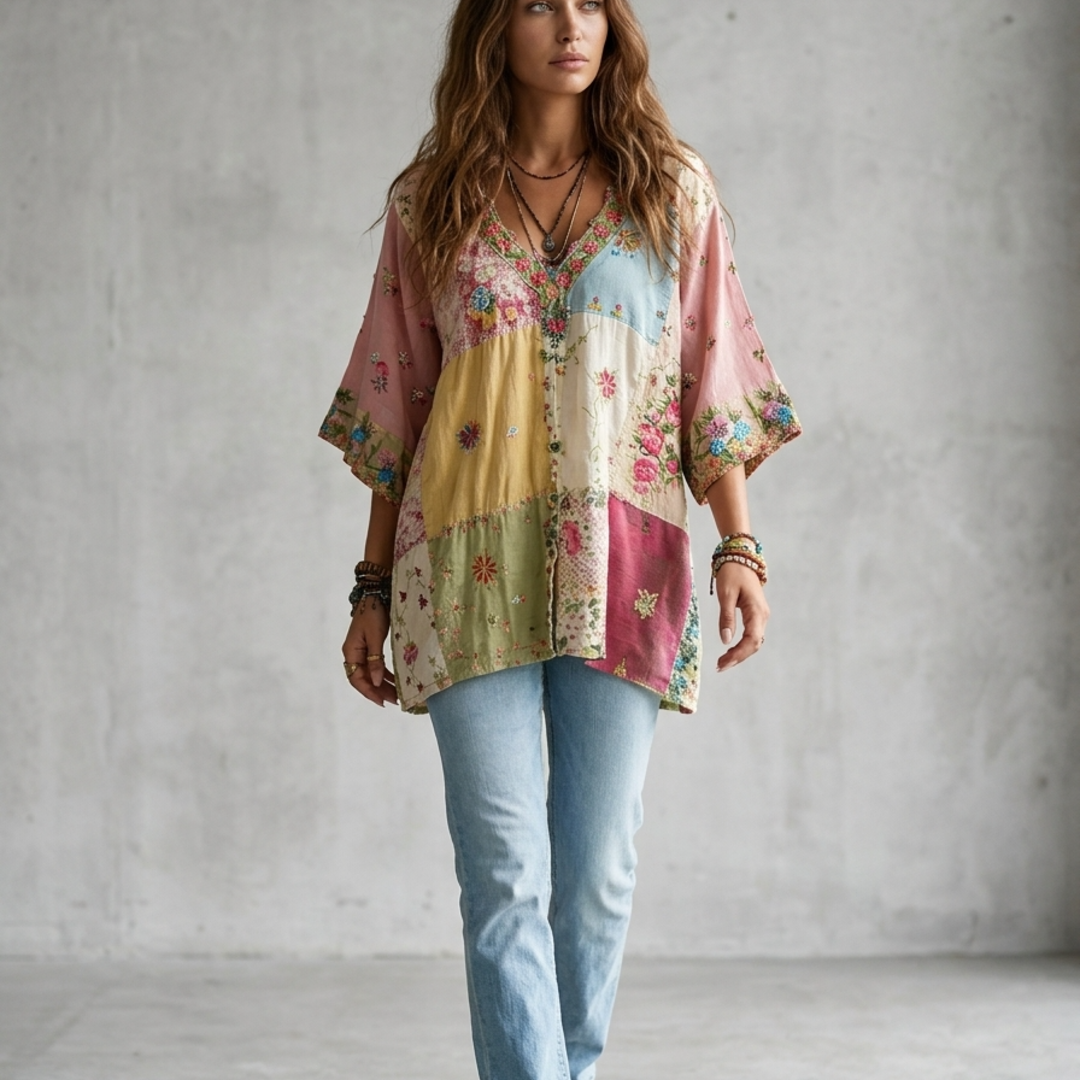 Women’s Blouse with V-Neckline and Artisanal Patchwork Floral Print