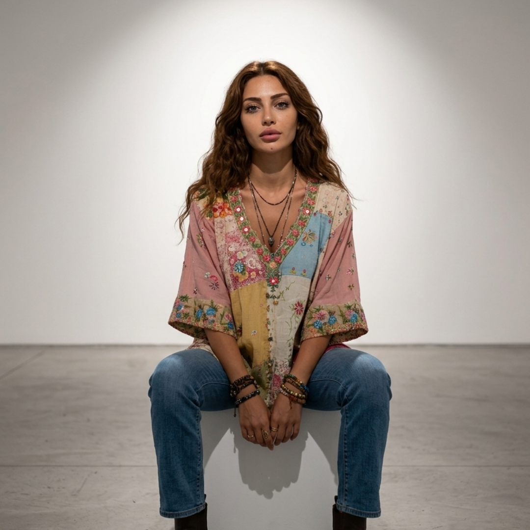 Women’s Blouse with V-Neckline and Artisanal Patchwork Floral Print