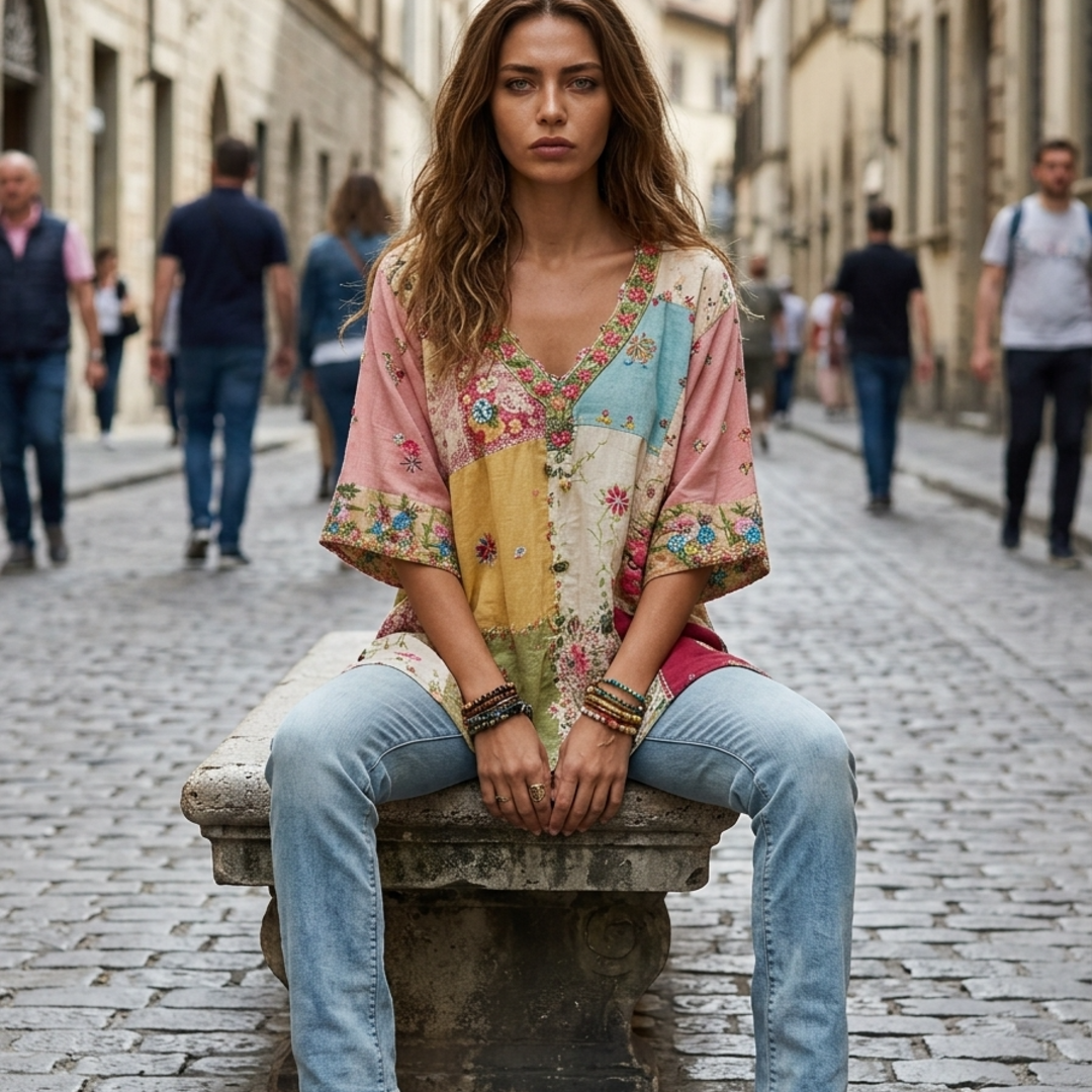 Women’s Blouse with V-Neckline and Artisanal Patchwork Floral Print