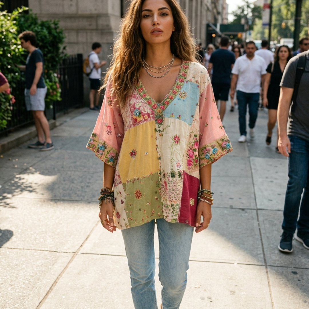 Women’s Blouse with V-Neckline and Artisanal Patchwork Floral Print