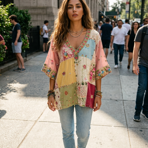 Women’s Blouse with V-Neckline and Artisanal Patchwork Floral Print