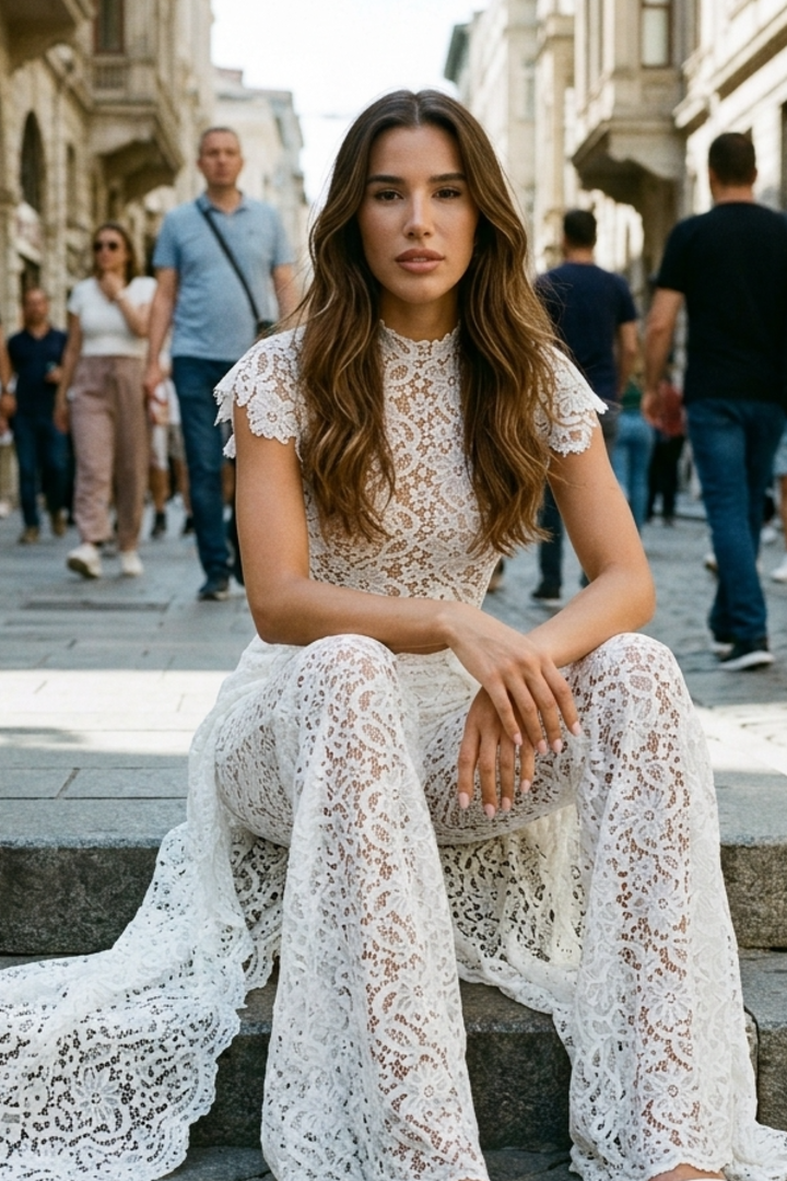 Women’s 2-Piece Set with Floral Lace Top and Wide Leg Trousers