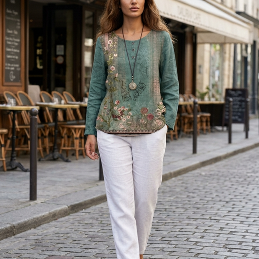 Women’s Blouse with 3/4 Sleeves and Retro Artisanal Floral Print