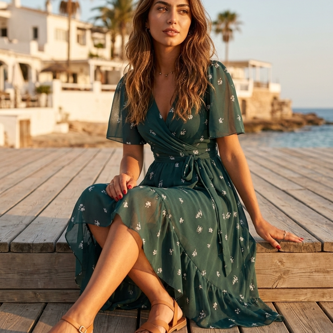 Women’s Wrap Midi Dress with Flutter Sleeves and Floral Print