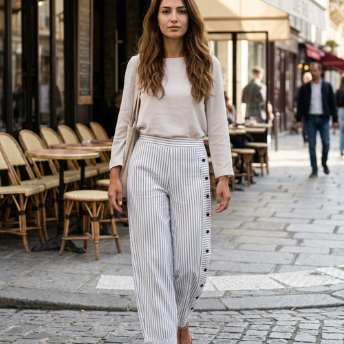 Women’s Wide Leg Pants with Side Button Detail and Striped Linen Fit