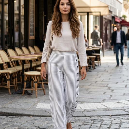 Women’s Wide Leg Pants with Side Button Detail and Striped Linen Fit