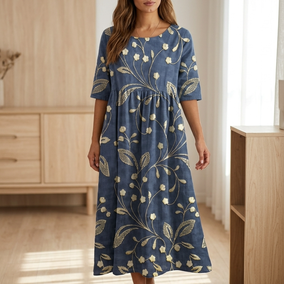 Women’s Midi Dress with Raised Floral Embroidery and Empire Waist Silhouette