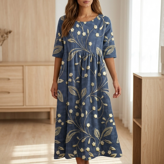 Women’s Midi Dress with Raised Floral Embroidery and Empire Waist Silhouette