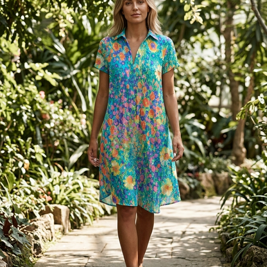 Women’s Short Sleeve Mini Dress with Polka Dot Print and Empire Waist