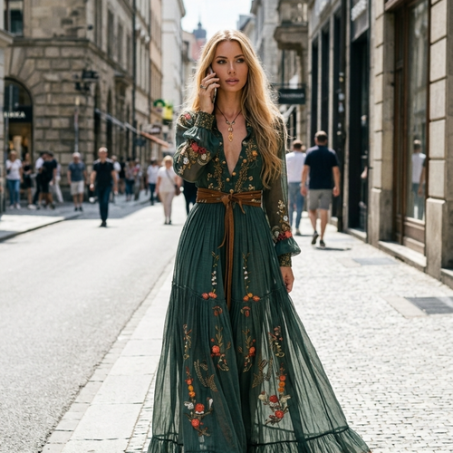 Women’s Embroidered Maxi Dress with Long Lantern Sleeves and Tiered Ruffle Hem