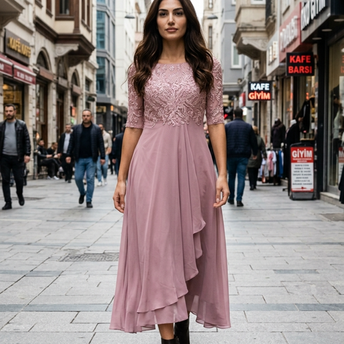 Women’s Midi Dress with Lace Appliqué Bodice and Flowing Chiffon Skirt